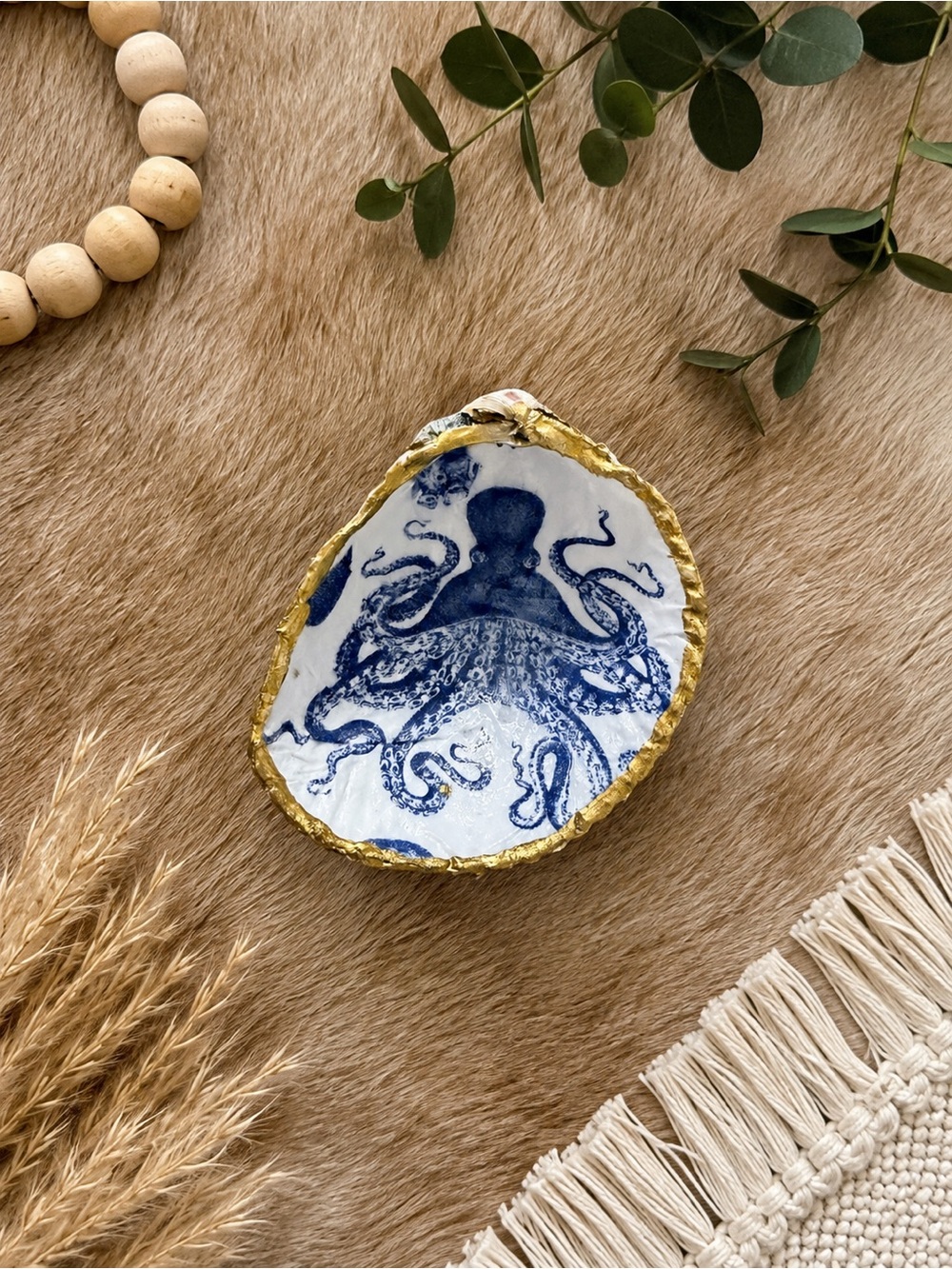 Blue Octopus Decorative Shell Dish with Gold Rim - Home Art